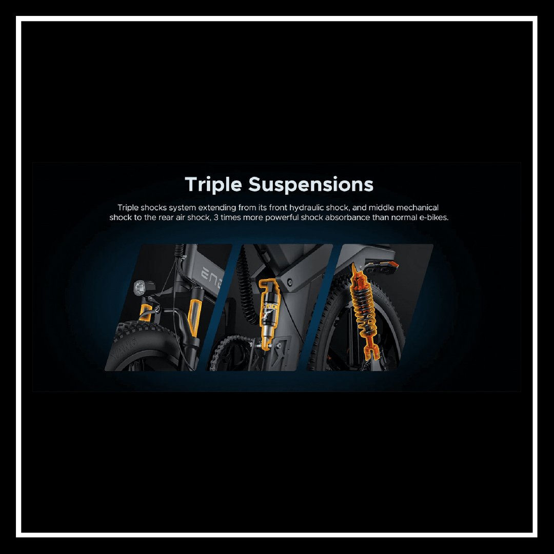 ENGWE X20 triple suspension system with front hydraulic shock and powerful shock absorbance for smoother rides.