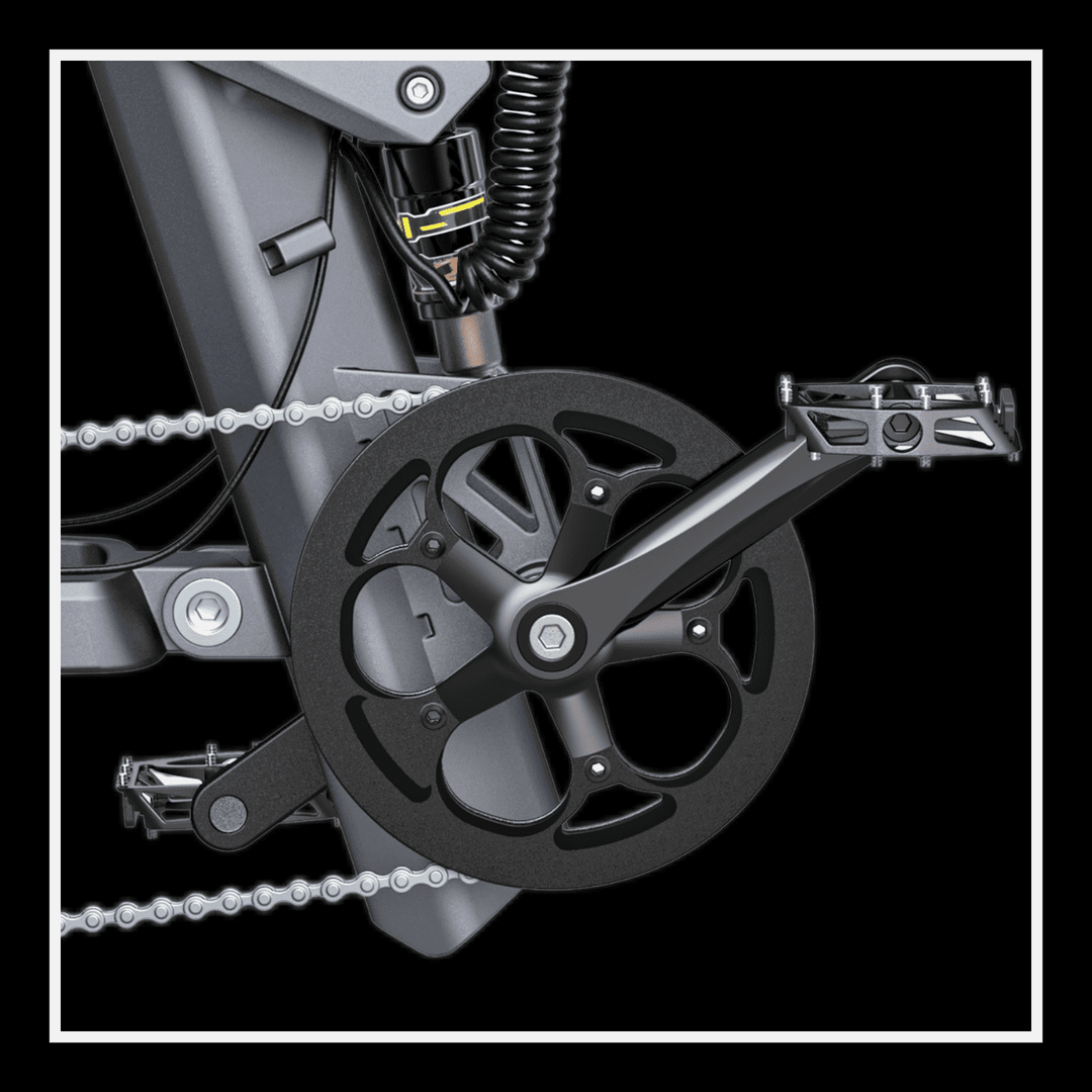 ENGWE X24 electric bike close-up of the crankset and pedal mechanism on a black background.