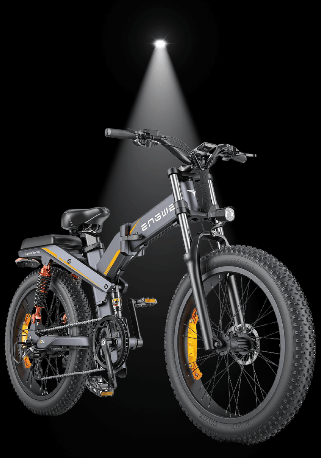 ENGWE X24 electric bike showcased under bright light, emphasizing its sleek design and rugged tires.