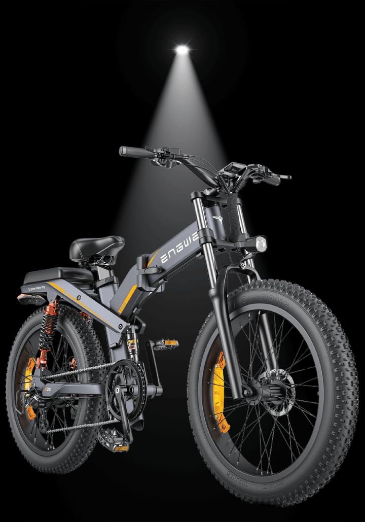 ENGWE X24 electric bike showcased under bright light, emphasizing its sleek design and rugged tires.