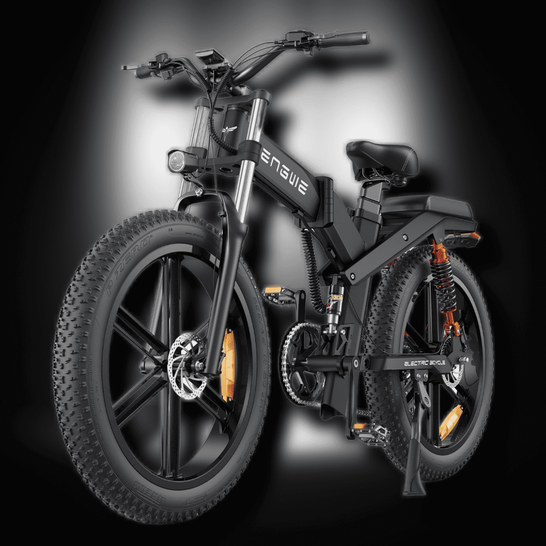 Engwe X26 electric bike showcasing its sleek design and fat tires, ideal for all-terrain adventures.