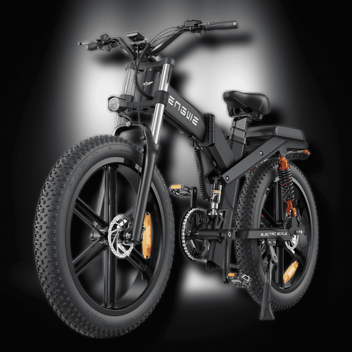 Engwe X26 electric bike showcasing its sleek design and fat tires, ideal for all-terrain adventures.