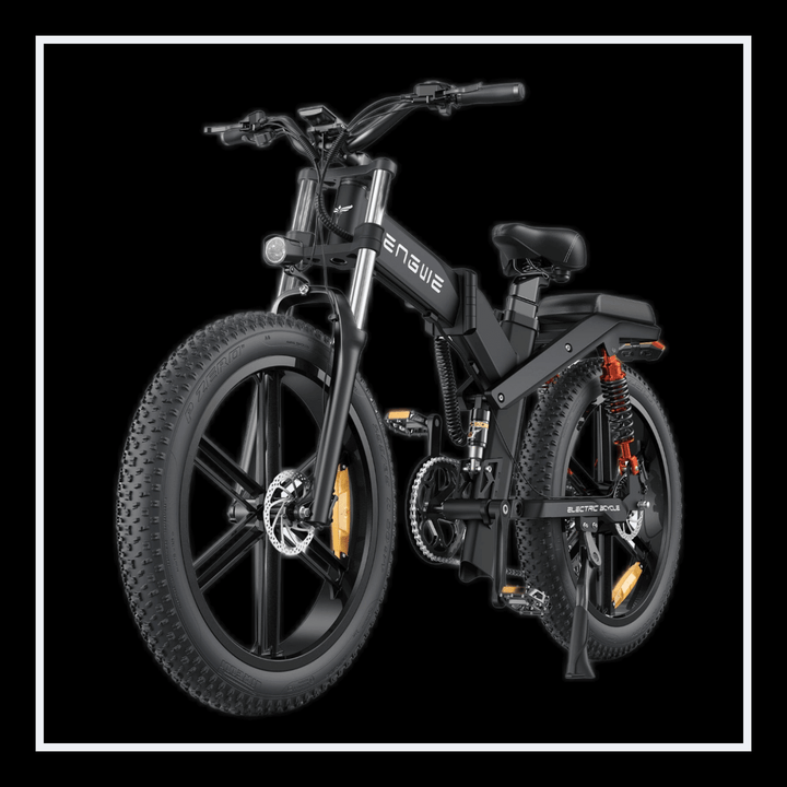 Engwe X26 electric bike showcased with a sleek design, fat tires, and triple suspension features.