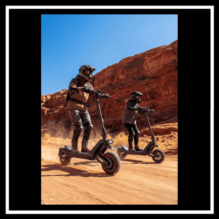 Two riders using ENGWE Y1000 Electric Scooter on an off-road trail, showcasing performance and mobility.