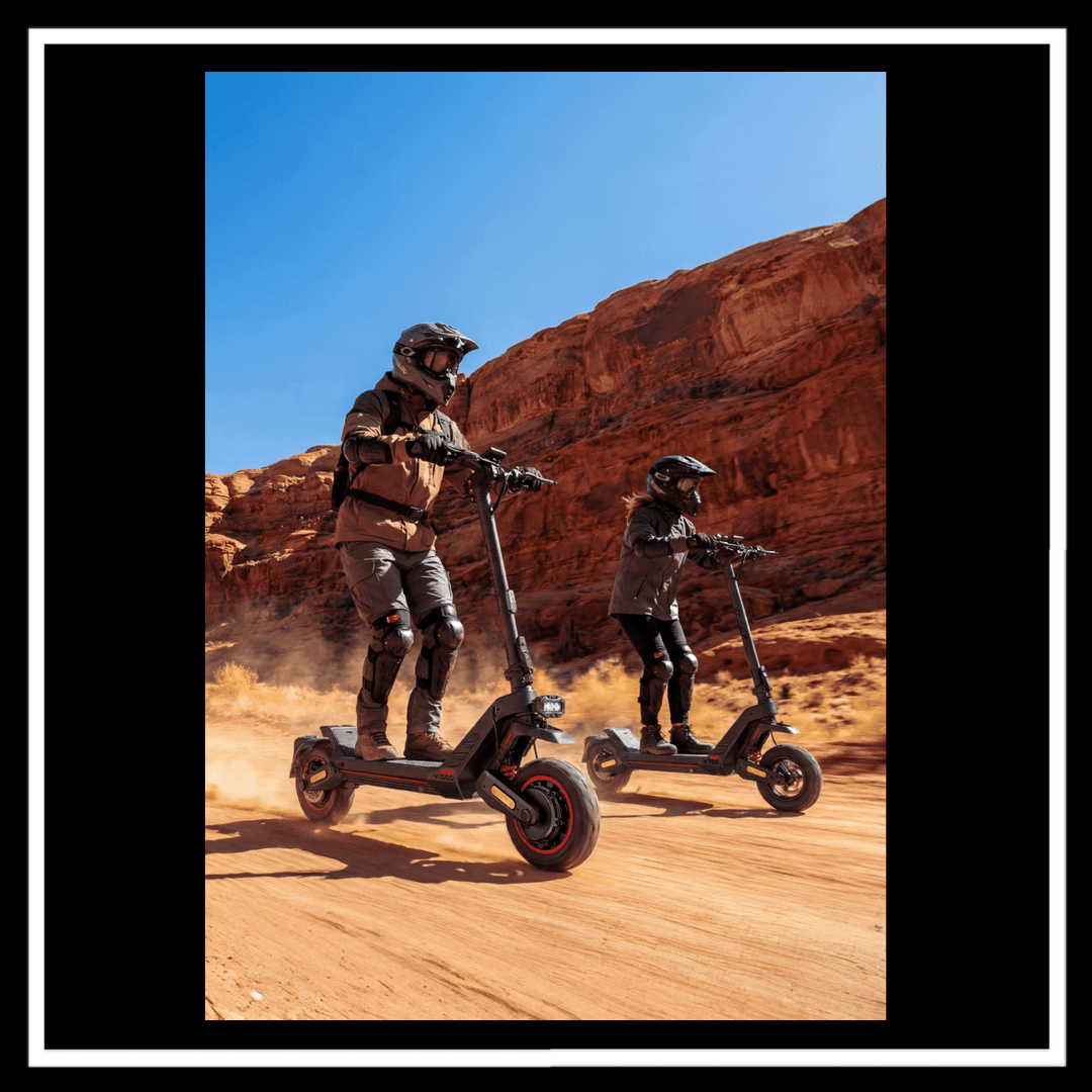 Two riders using ENGWE Y1000 Electric Scooter on an off-road trail, showcasing performance and mobility.