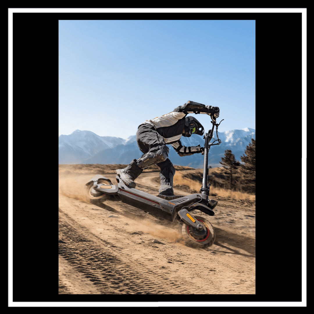 Rider performing a stunt on the ENGWE Y1000 Electric Scooter in an off-road setting.