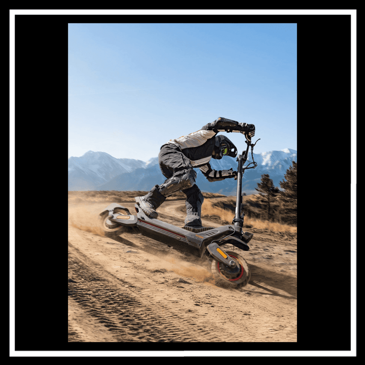 Rider performing a stunt on the ENGWE Y1000 Electric Scooter in an off-road setting.