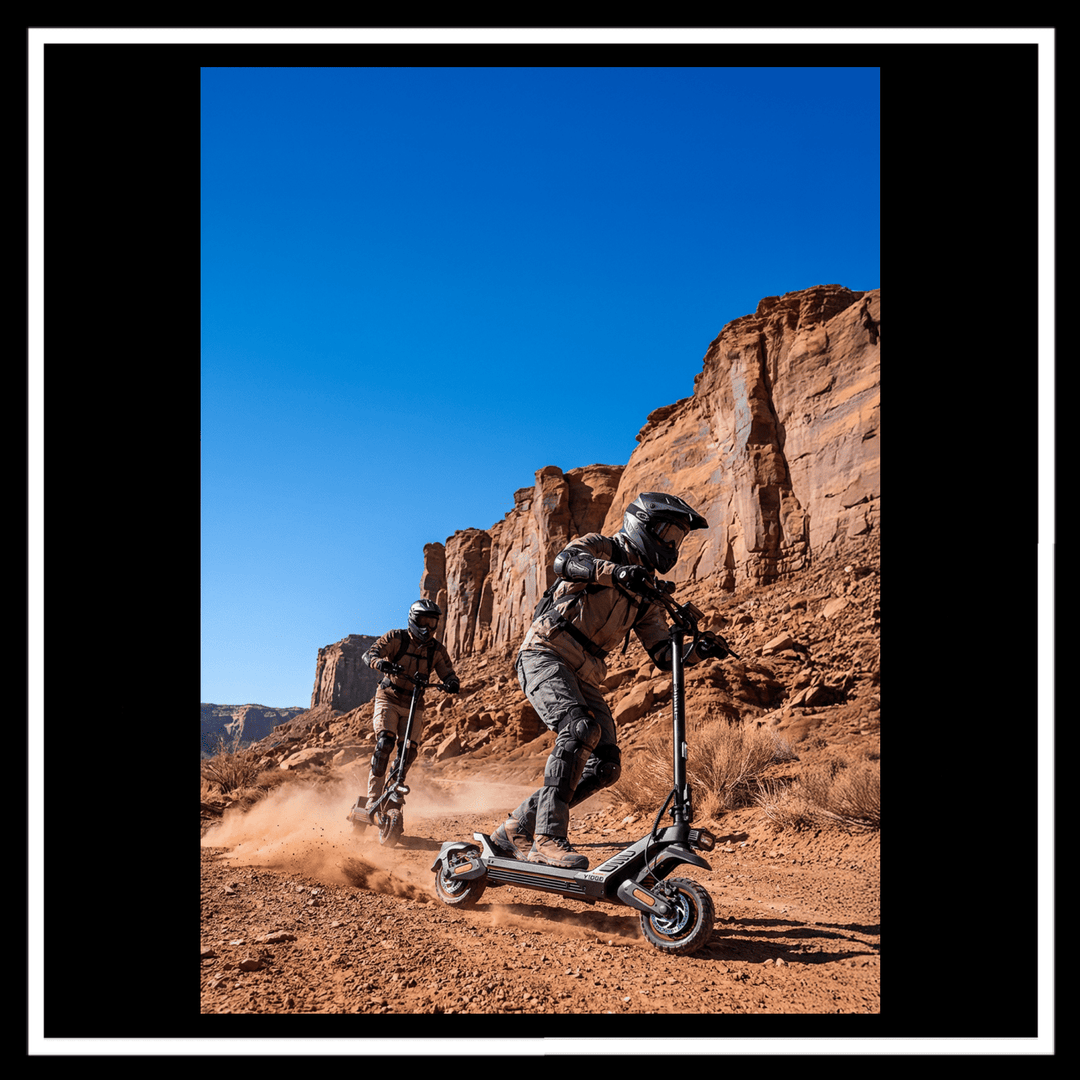 Riders using ENGWE Y1000 Electric Scooter on off-road terrain with cliffs in background.