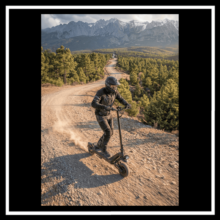 Rider on ENGWE Y1000 Electric Scooter navigating a dirt path surrounded by trees and mountains.