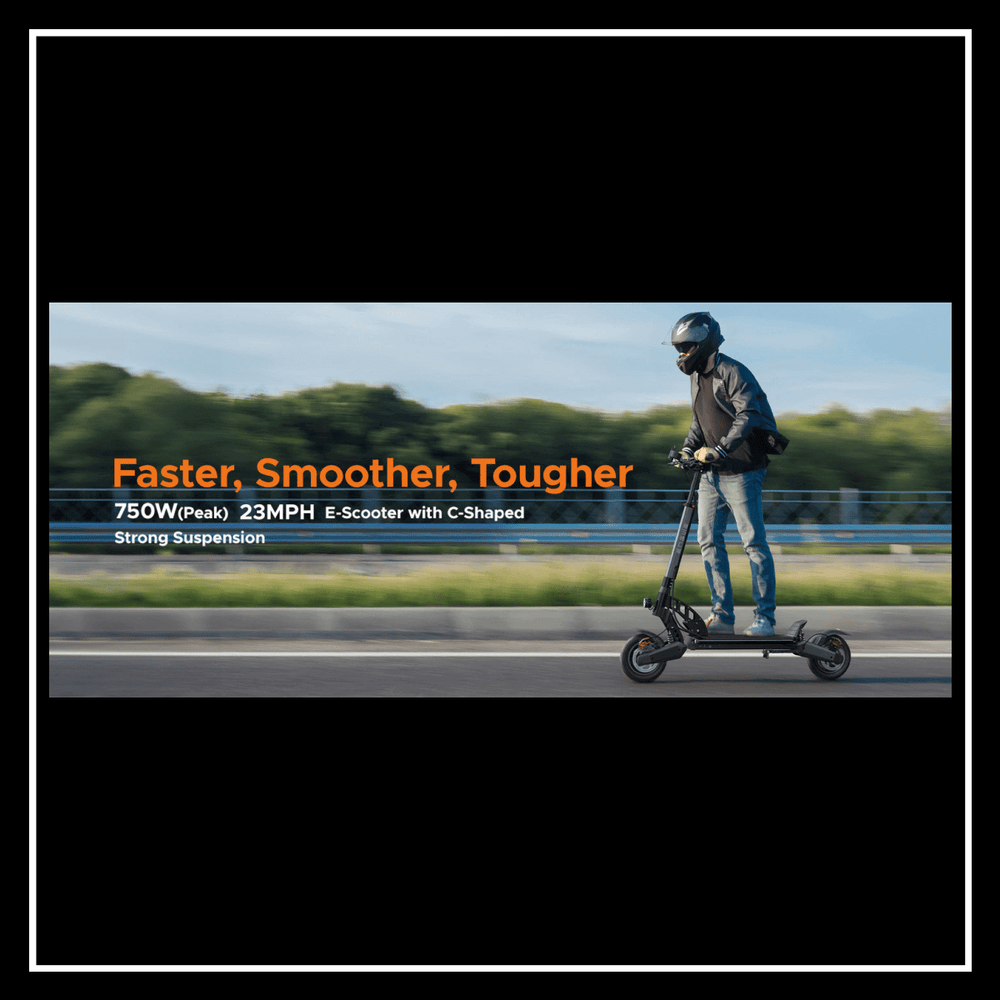 ENGWE Y400 ELECTRIC SCOOTER riding on a road featuring strong suspension and peak speed specifications.