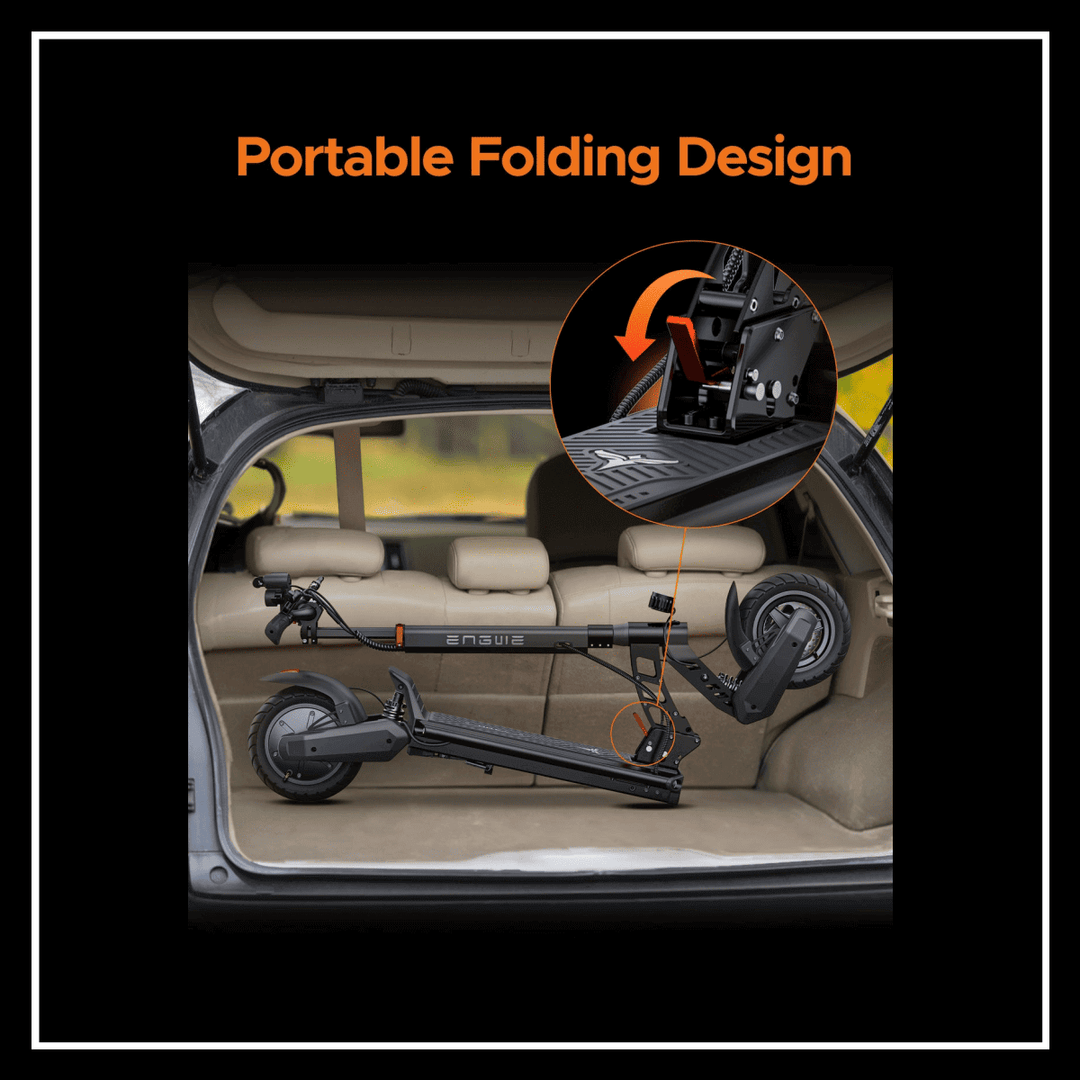 Electric scooter ENGWE Y400 with a foldable design stored in a car trunk for easy transport.