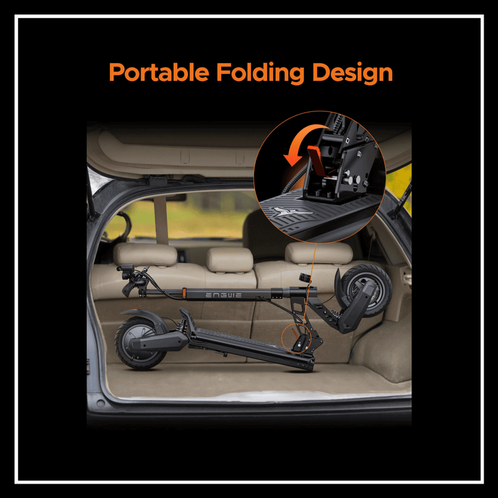 Electric scooter ENGWE Y400 with a foldable design stored in a car trunk for easy transport.