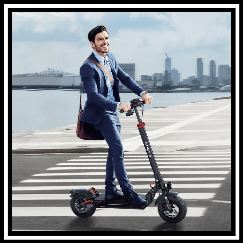 Man in a suit riding the 🇮🇪🇬🇧🇪🇺 ENGWE Y600 S electric scooter on an urban street.