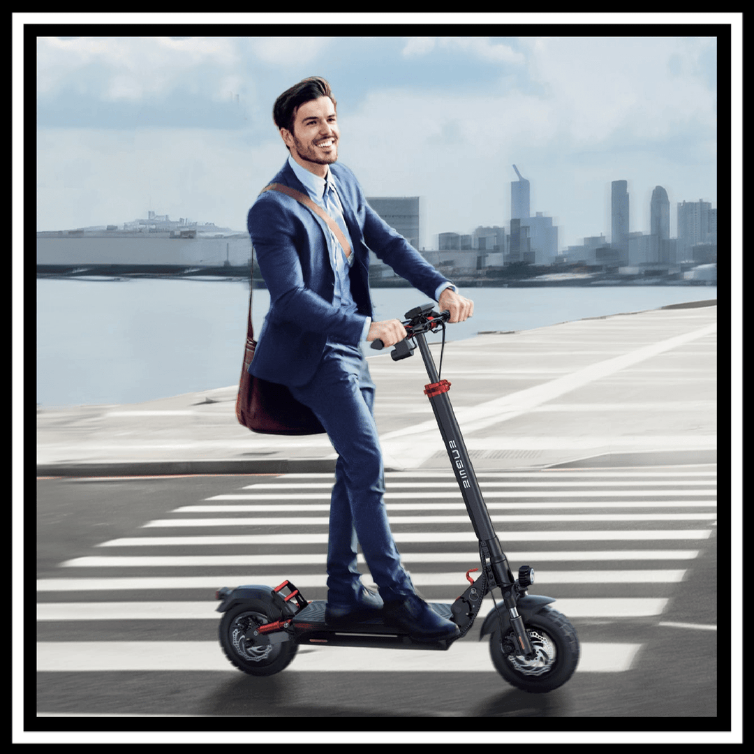 Man in a suit riding the 🇮🇪🇬🇧🇪🇺 ENGWE Y600 S electric scooter on an urban street.