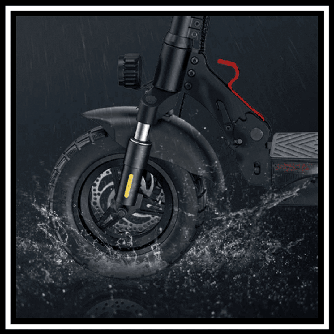 ENGWE Y600 S electric scooter wheel splashing through water showcasing durability and all-terrain capabilities.