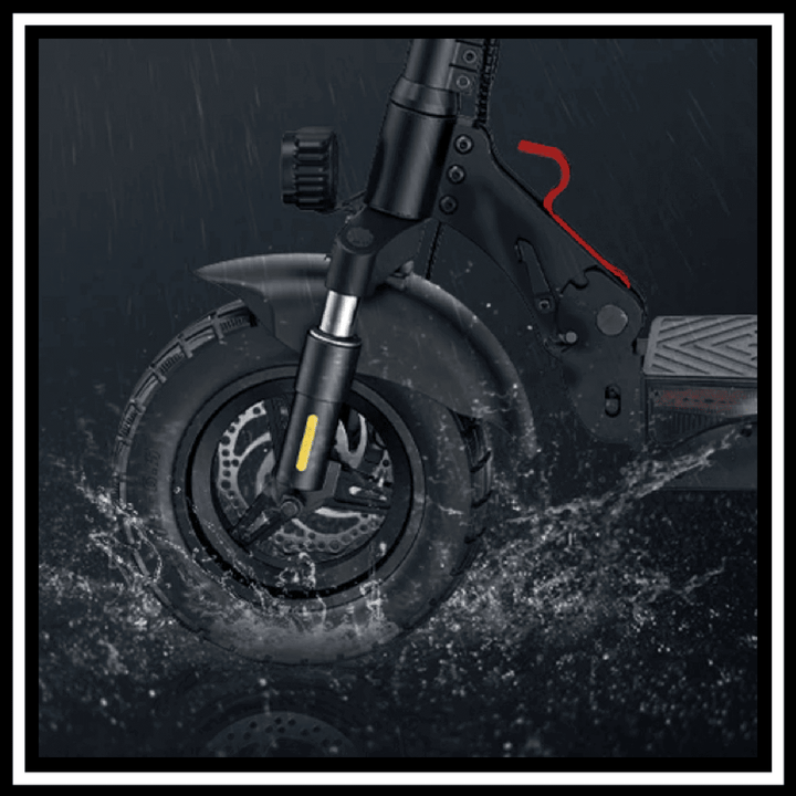 ENGWE Y600 S electric scooter wheel splashing through water showcasing durability and all-terrain capabilities.
