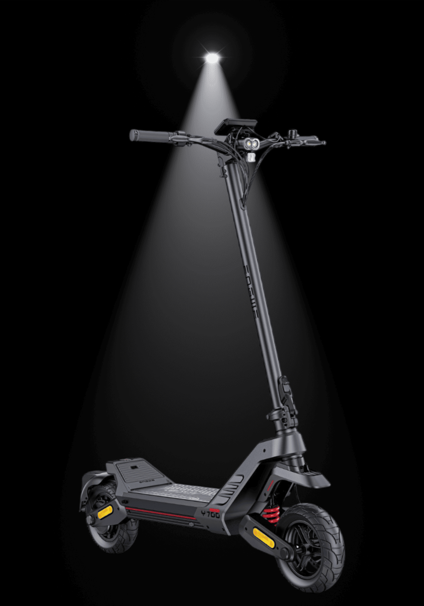 ENGWE Y700 Electric Scooter illuminated against a dark background, showcasing its sleek design and features.