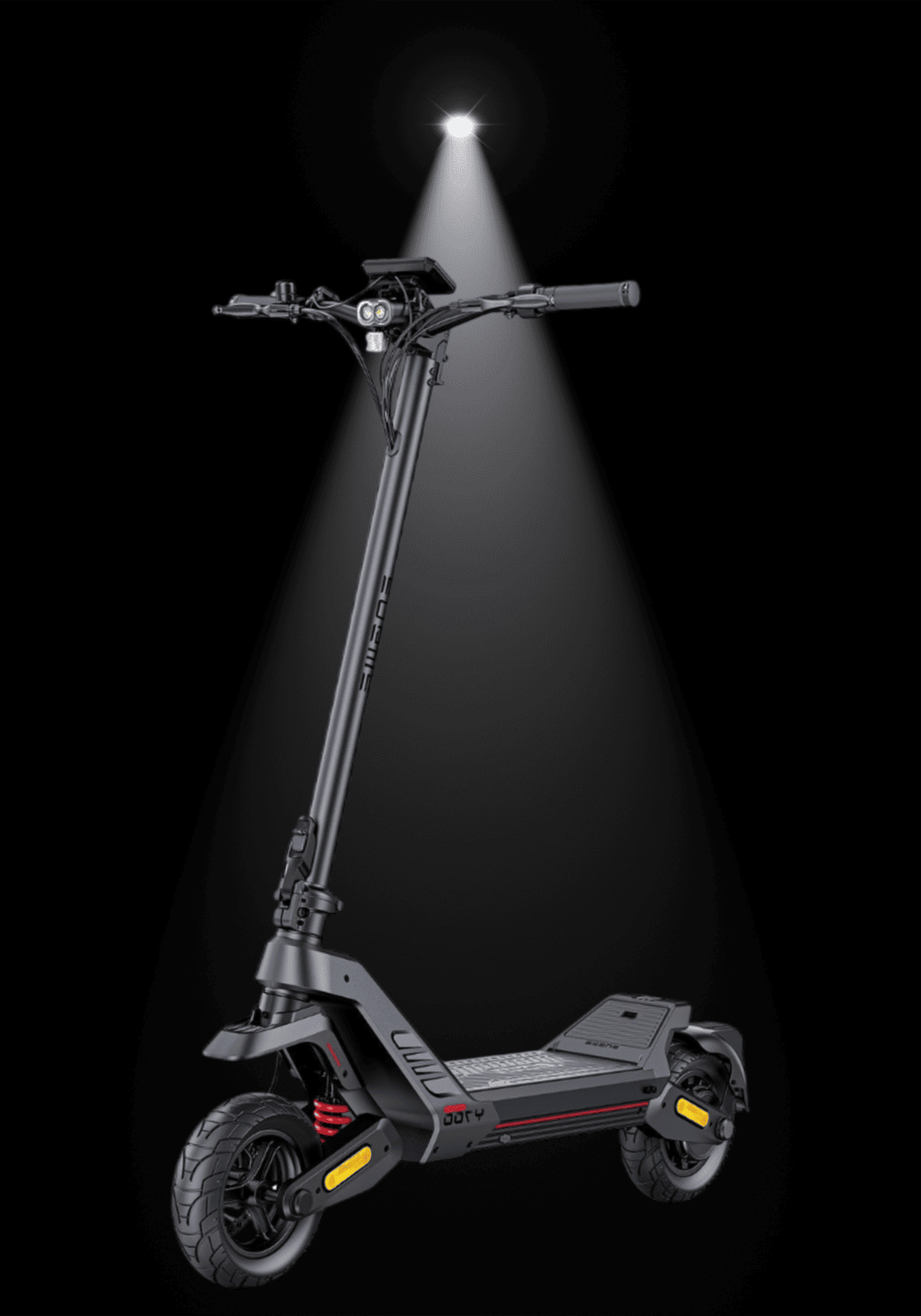 ENGWE Y700 Electric Scooter illuminated against a dark background, showcasing its sleek design and features.