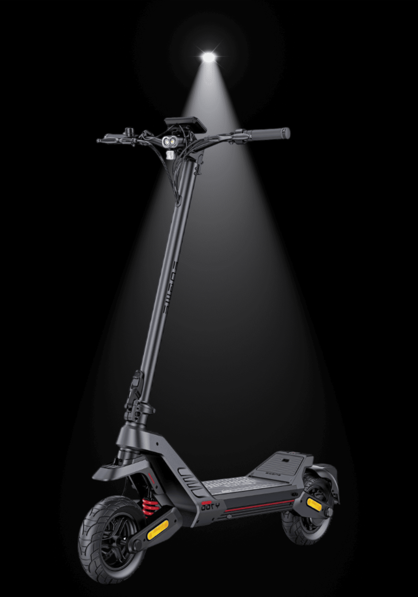 ENGWE Y700 Electric Scooter illuminated against a dark background, showcasing its sleek design and features.