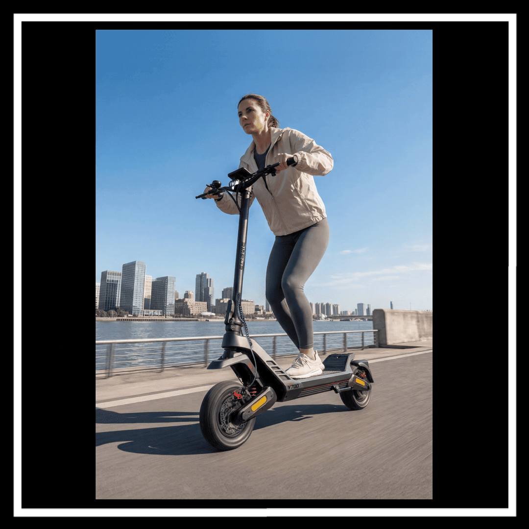 Woman riding ENGWE Y700 Electric Scooter on a city street with skyline in the background.