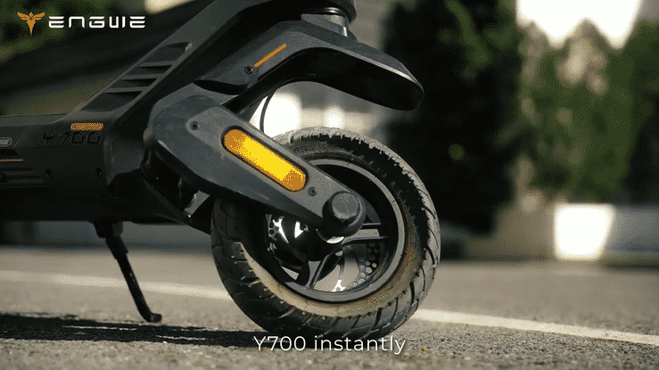 Close-up of ENGWE Y700 Electric Scooter showcasing the rear wheel and sleek design on a road.