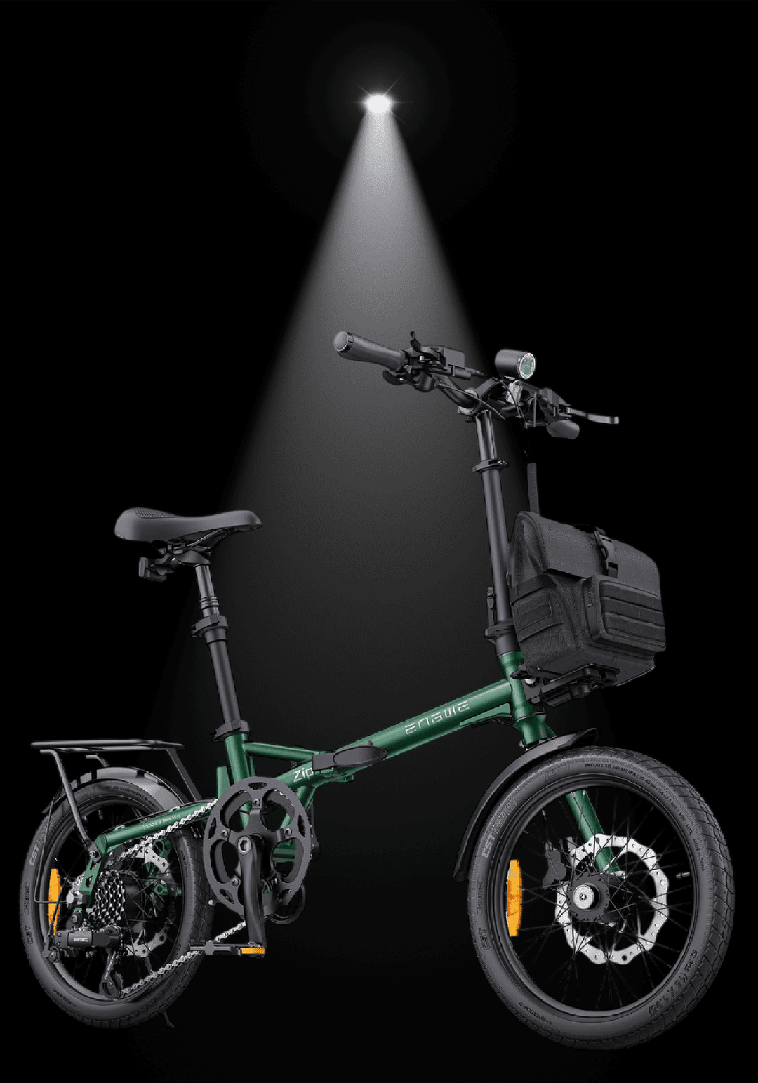 ENGWE ZIP ELECTRIC BIKE in sleek green design, featuring compact folding structure and urban commuting accessories.