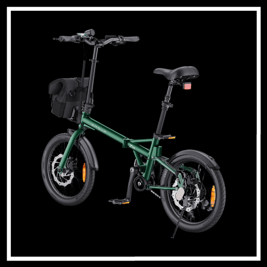 ENGWE ZIP ELECTRIC BIKE in green color with sleek design and compact frame for urban commuting.
