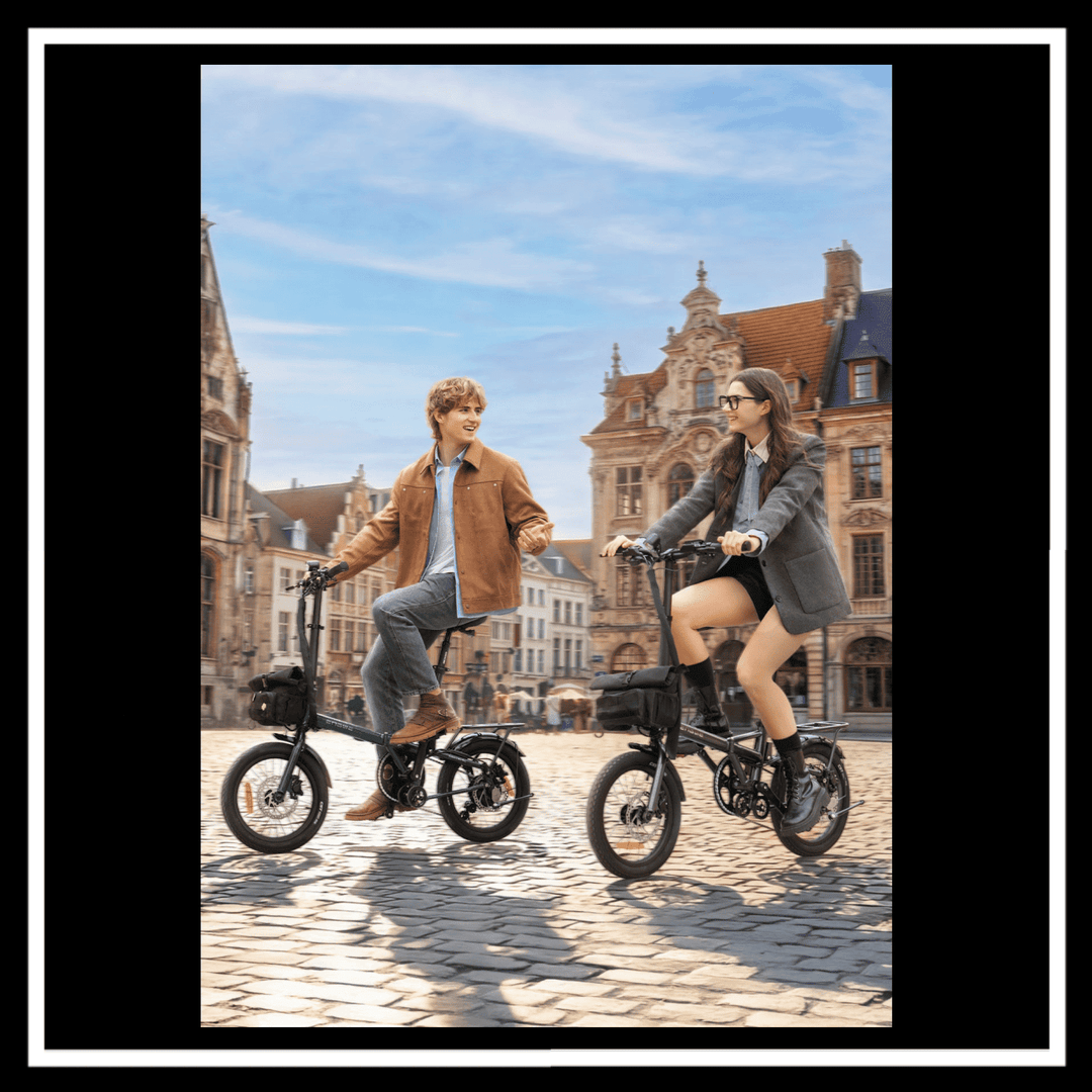 ENGWE ZIP ELECTRIC BIKE in urban setting with two riders enjoying a ride.