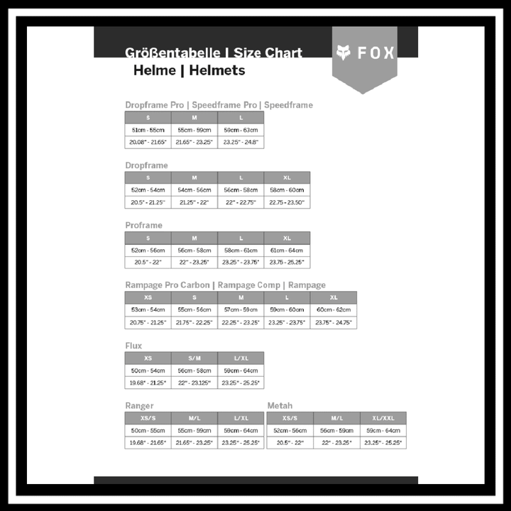 FOX RACING PROFRAME SURFACE HELMET Size Chart for Dropframe, Proframe, and other helmets by Fox Racing.