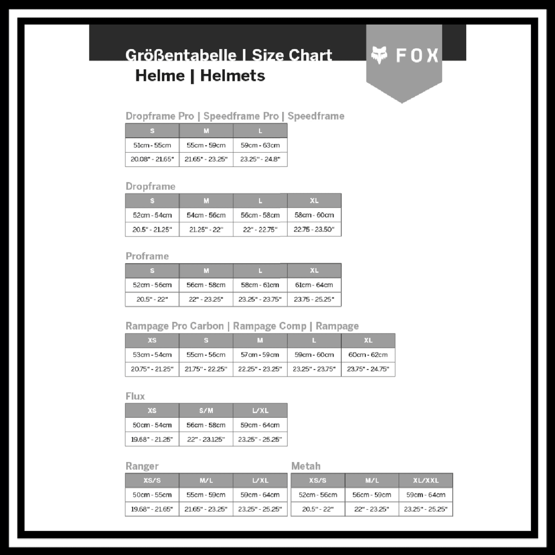 FOX RACING SPEEDFRAME PRO HELMET size chart for accurate fitting and comfort in mountain biking. Key dimensions included.