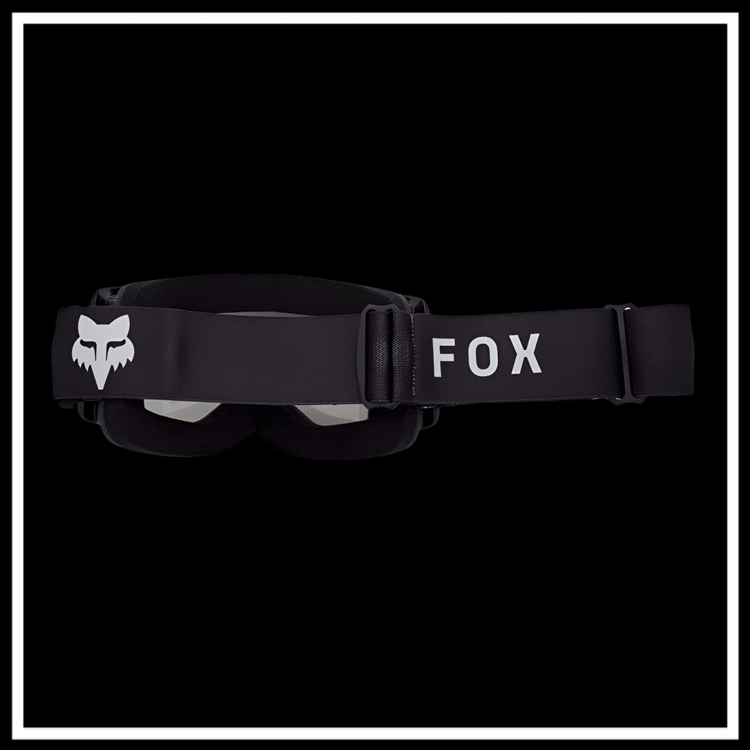 FOX RACING MAIN CORE GOGGLE ELECTRIC BIKE ACCESSORY with adjustable strap and logo on black background.