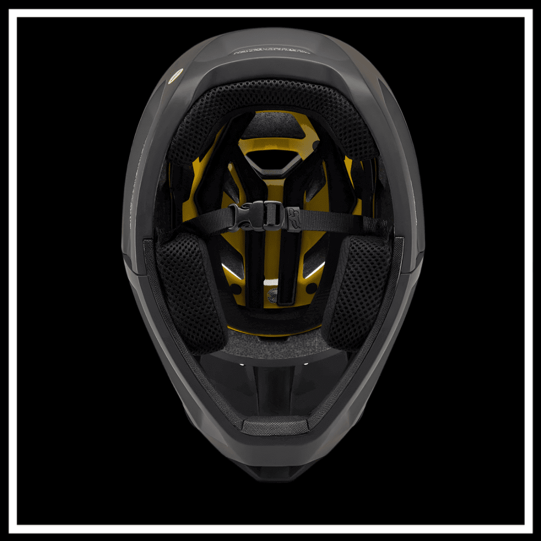 Interior view of the 🇮🇪🇪🇺🇺🇸 FOX RACING PROFRAME SURFACE HELMET showcasing cushioning and strap system.