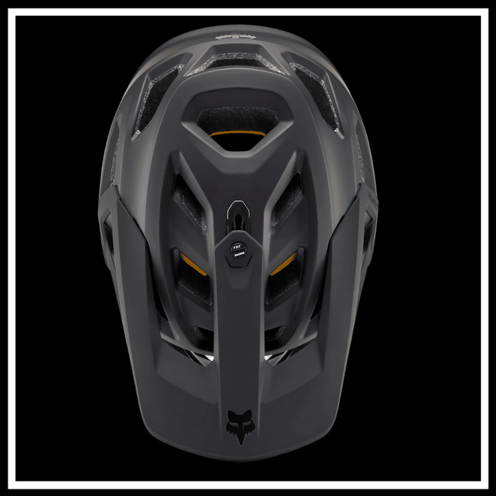 Top view of the FOX RACING PROFRAME SURFACE HELMET BIKE, showcasing its aerodynamic design and ventilation features.
