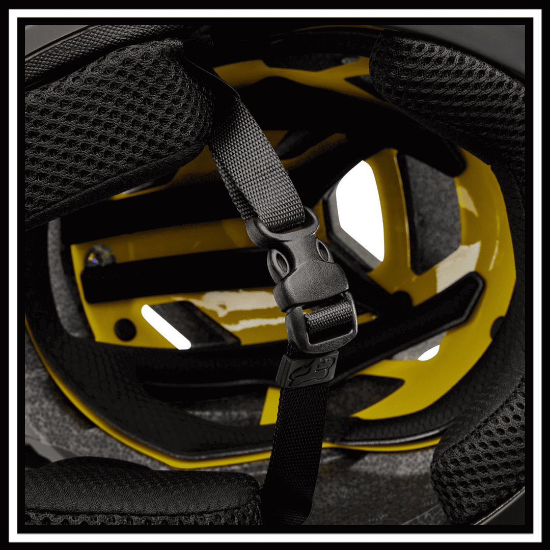 Interior view of the 🇮🇪🇪🇺🇺🇸 FOX RACING PROFRAME SURFACE HELMET showcasing straps and padding for comfort and safety.