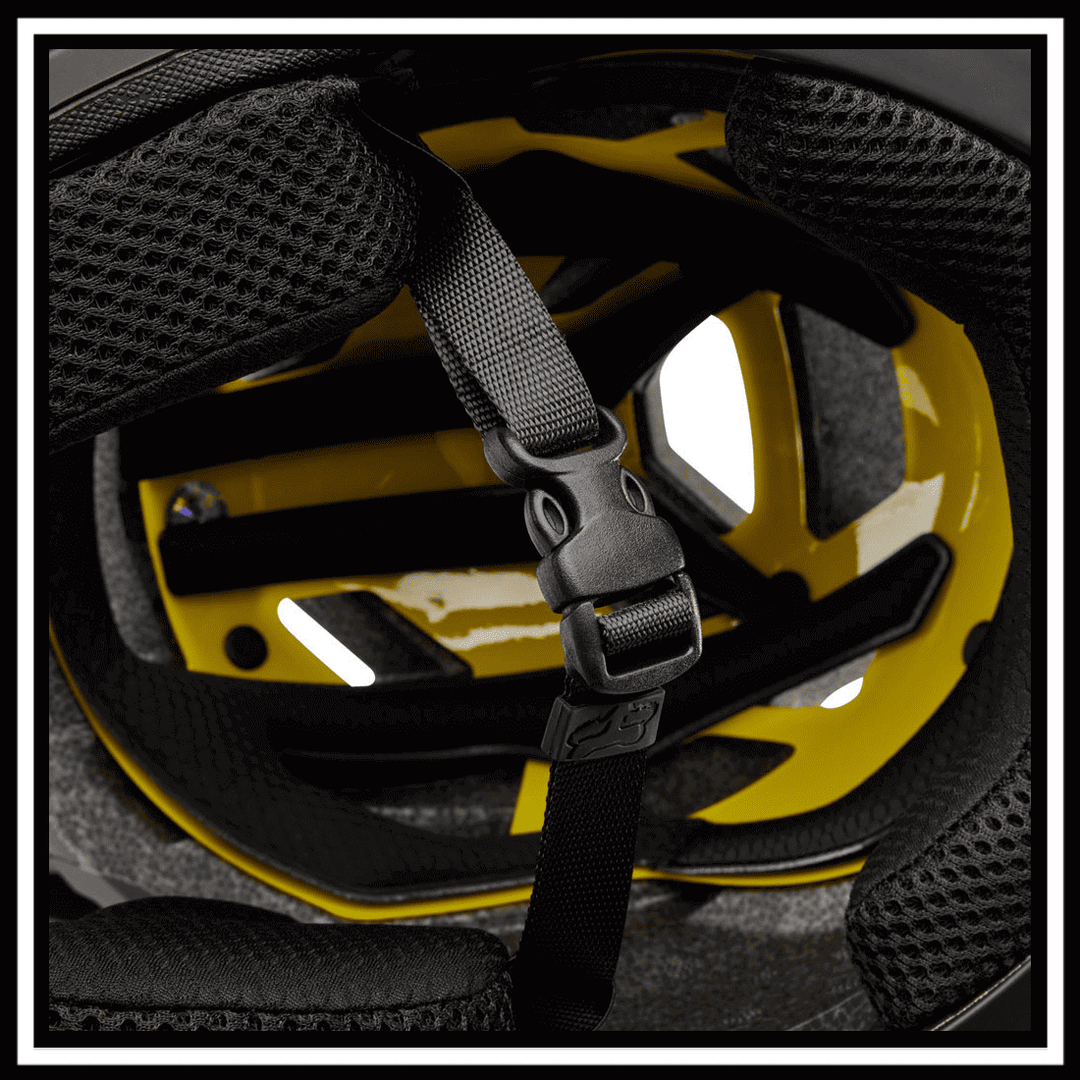 Interior view of FOX RACING PROFRAME SURFACE HELMET BIKE showcasing adjustable strap and padding for comfort.