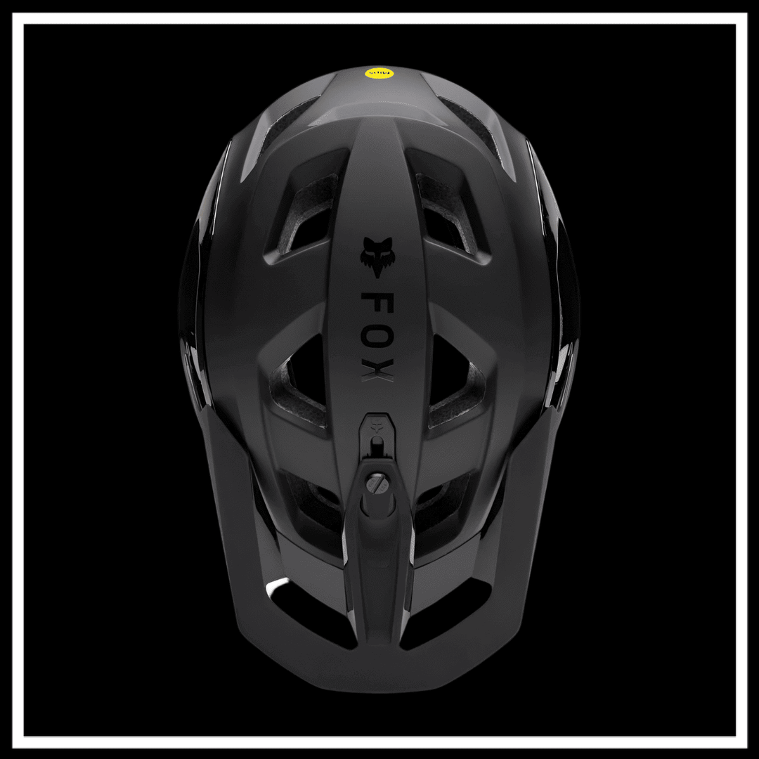 FOX RACING SPEEDFRAME PRO HELMET top view showcasing MIPS technology and ventilation for mountain biking.