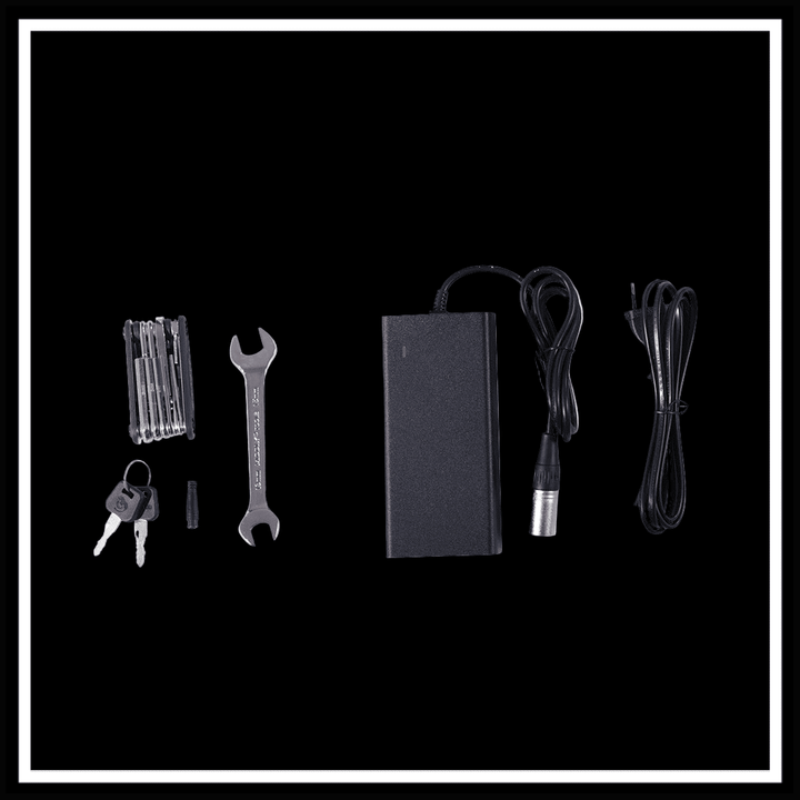 GOGOBEST GF200 FOOD-DELIVERY CARGO E-BIKE accessories including charger, tools, keys, and wires.