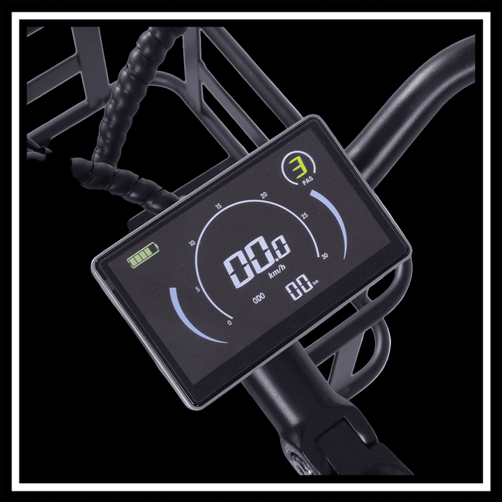 Display screen of 🇮🇪🇪🇺 GOGOBEST GF200 FOOD-DELIVERY CARGO E-BIKE showing speed and battery status.