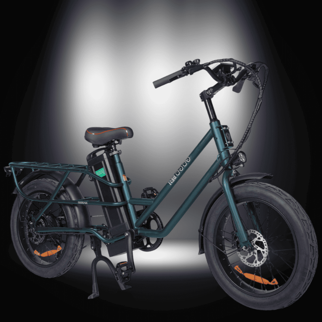 🇮🇪🇪🇺 GOGOBEST GF200 FOOD-DELIVERY CARGO E-BIKE shown in a spotlight with a sleek design and electric features.