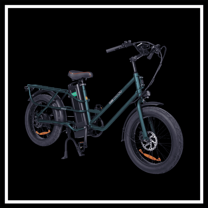 🇮🇪🇪🇺 GOGOBEST GF200 FOOD-DELIVERY CARGO E-BIKE in green color with a robust design and fat tires.