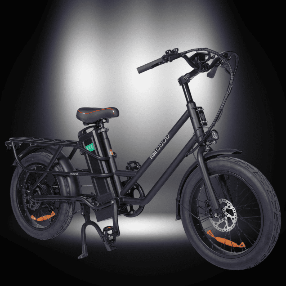 🇮🇪🇪🇺 GOGOBEST GF200 FOOD-DELIVERY CARGO E-BIKE showcased under dramatic lighting.
