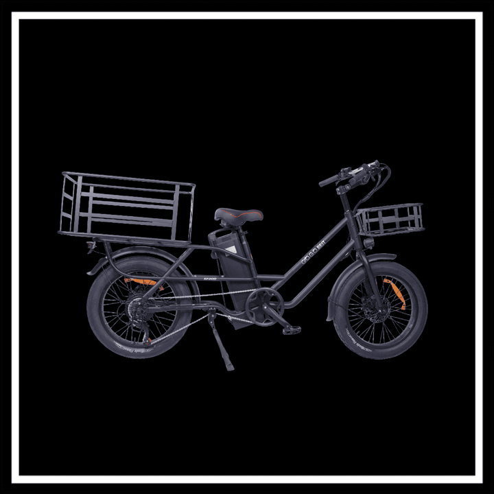 🇮🇪🇪🇺 GOGOBEST GF200 FOOD-DELIVERY CARGO E-BIKE showcasing cargo baskets and robust design for urban deliveries.