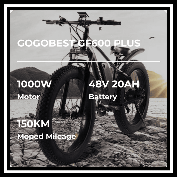 GOGOBEST GF600 PLUS 1000W electric bike showcasing its powerful 1000W motor, 48V 20AH battery, and 150KM mileage.