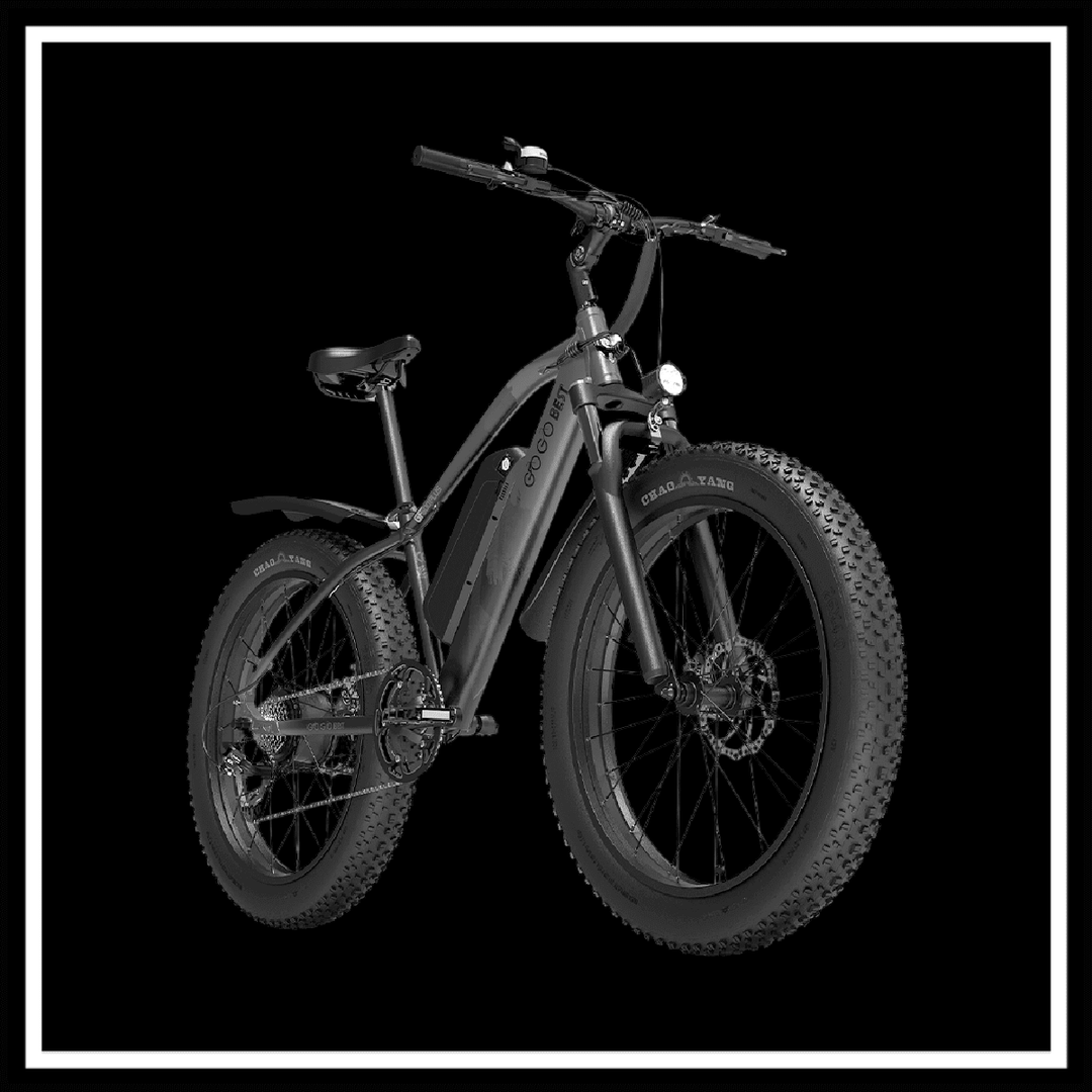 Alt Tag: GOGOBEST GF600 PLUS 1000W electric bike with fat tires and dual suspension on a black background