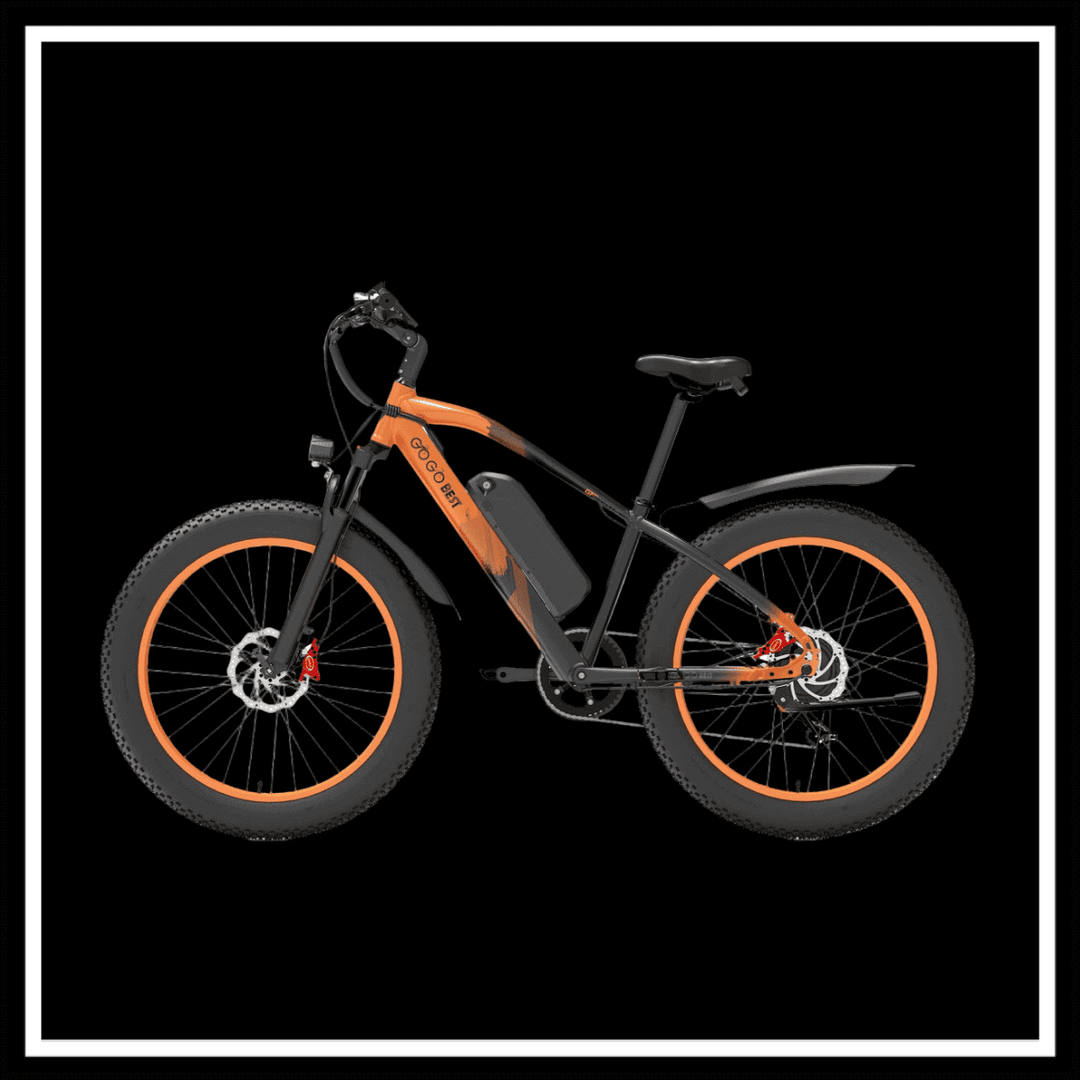 🇮🇪🇪🇺 GOGOBEST GF600 PLUS 1000W electric bike in black and orange, showcasing fat tires and sturdy frame.
