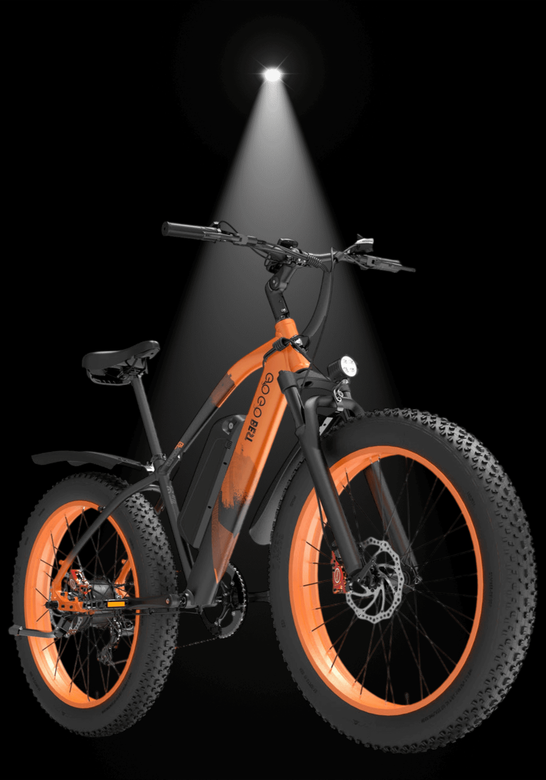 🇮🇪🇪🇺 GOGOBEST GF600 PLUS 1000W showcased under spotlight with bold orange detailing and rugged tires.