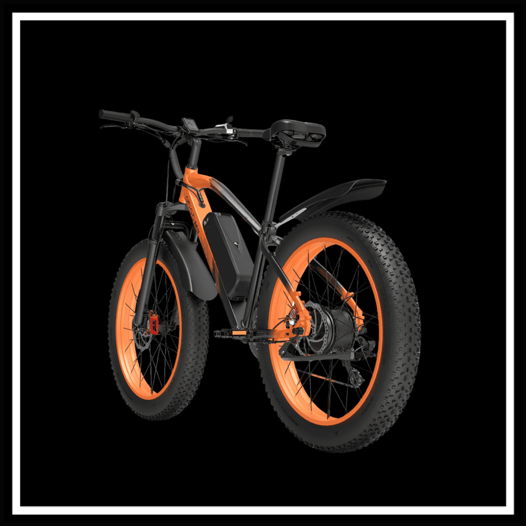 GOGOBEST GF600 PLUS 1000W electric bike with orange accents and fat tires, designed for all-terrain riding.