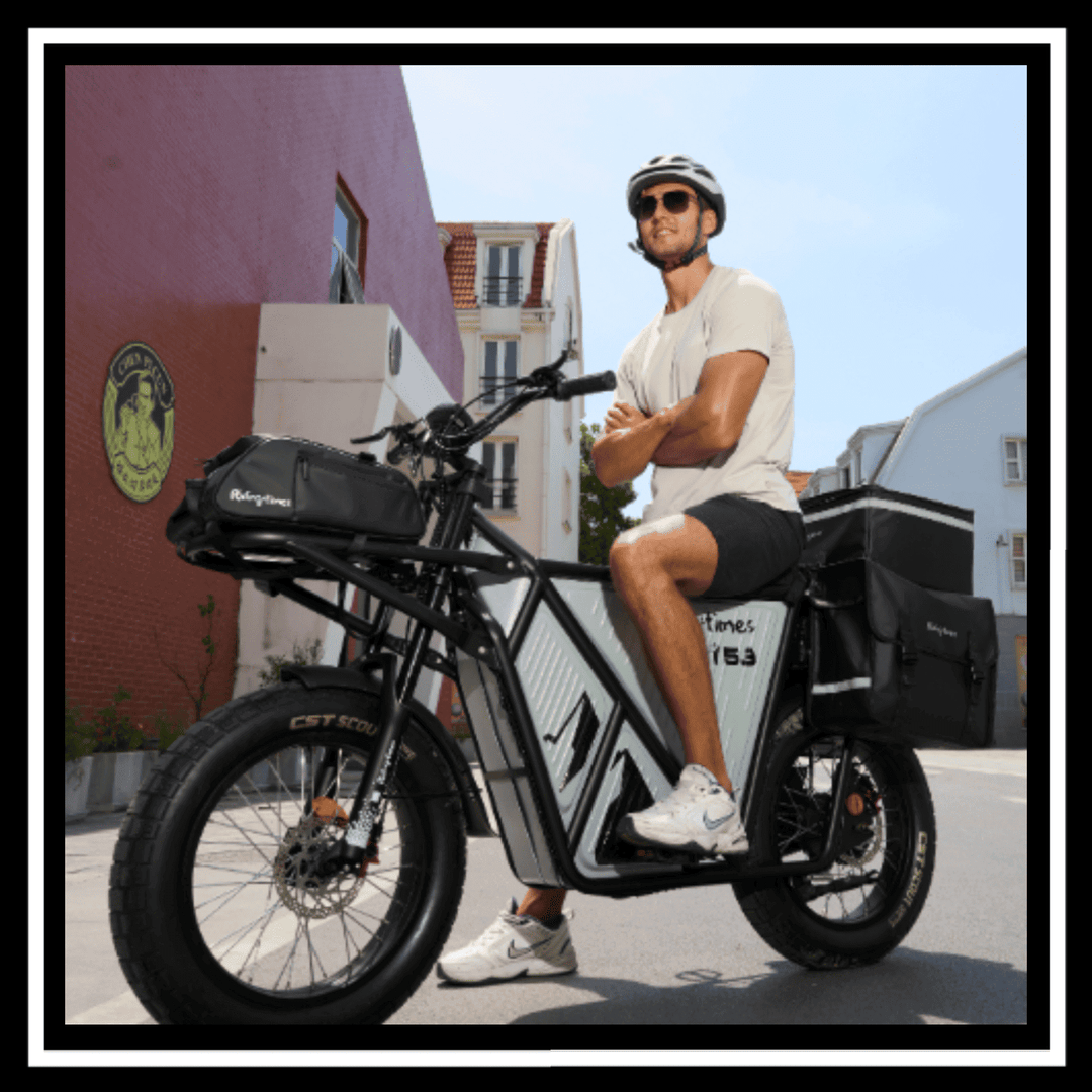 🇮🇪🇪🇺🇺🇸 GT53 2000W CARGO RIDING' TIMES E-BIKE parked on urban street with rider in casual attire.
