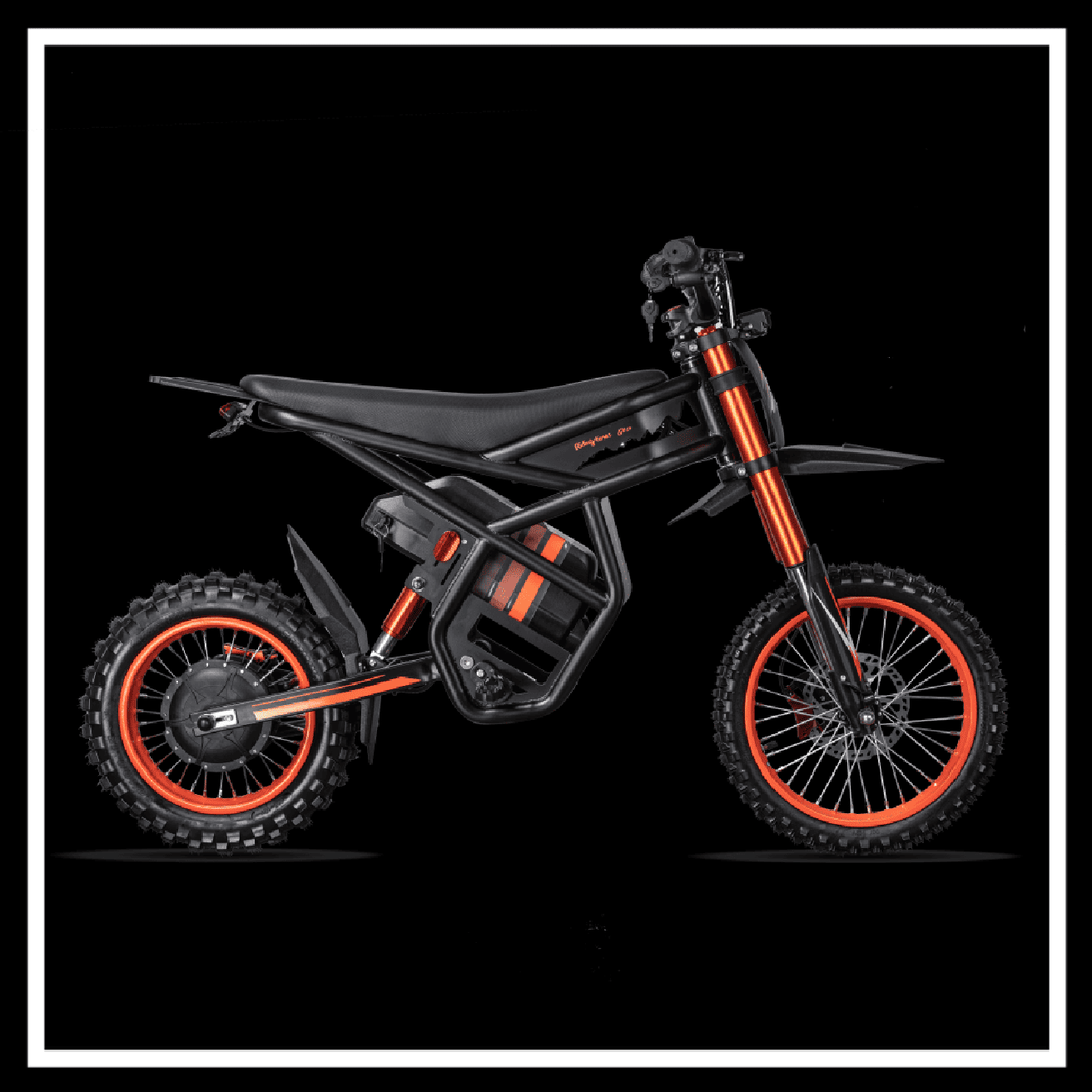 GT54 2000W RIDING'TIMES ELECTRIC MINI E-BIKE in black and orange, showcasing its compact design and rugged tires.