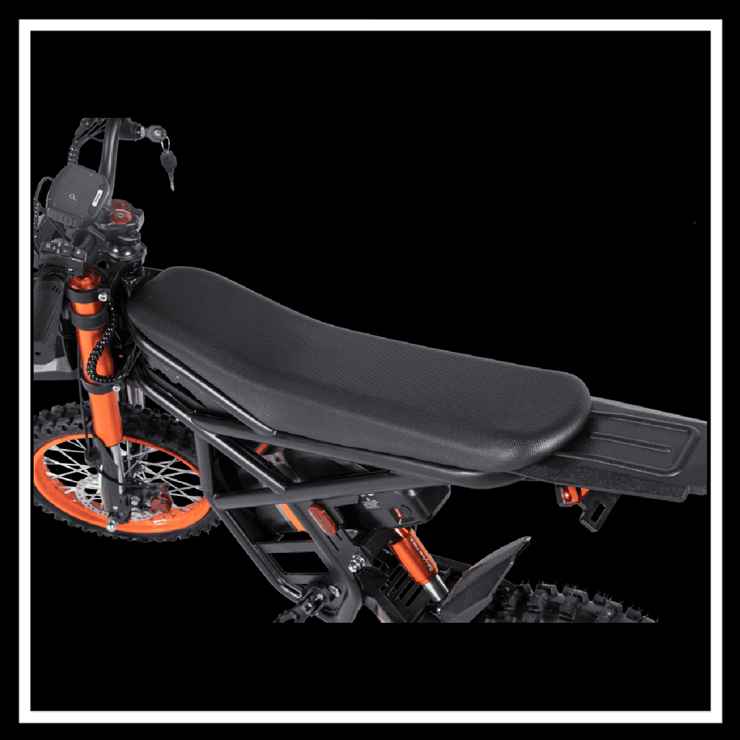 GT54 2000W RIDING'TIMES ELECTRIC MINI E-BIKE seat and frame design with black and orange accents.
